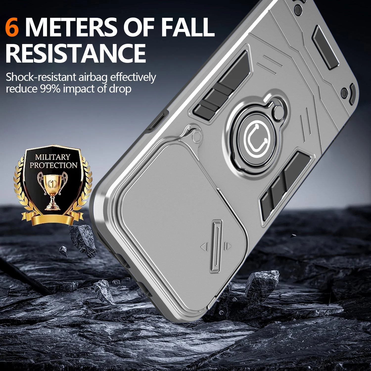 Rugged Armor Shockproof Phone Case with Sliding Window and Metal Ring Holder