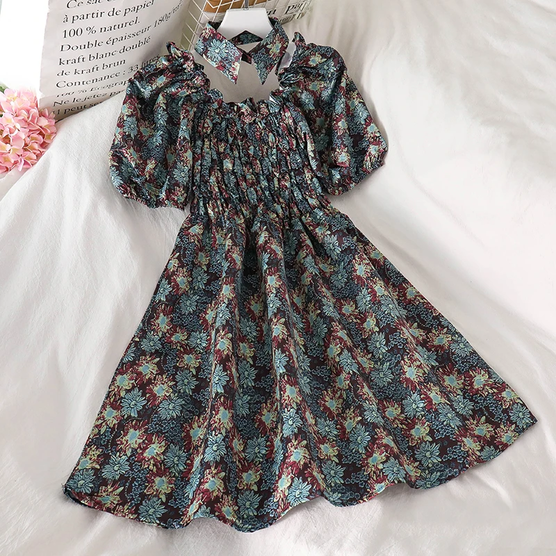 

Square Collar Bubble Sleeve Floral Mini Dresses Women 2021 Summer Vintage Dress Korean Auricularia Ruffle Pleated Waist Dress