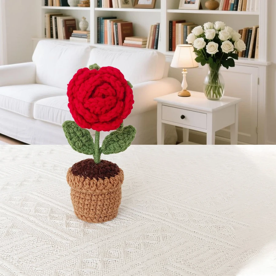 Warm and Romantic Small Ornaments, Hand-Crocheted Red Heart Roses, Small Potted Plants, Window Sills, Desktops, Bedrooms, Living Rooms, Study Rooms, Decorations, Birthday, Wedding, Proposal Decorations, Birthday, Valentine's Day Gifts