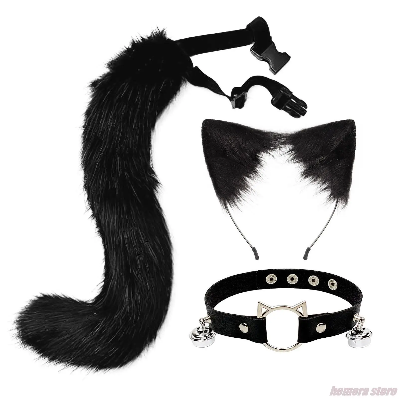 

Faux Fur Kitten Wolf Long 50CM Tail Ears Hair Clips And Faux Leather Neck Collar Choker Set Halloween Party Cosplay Costume