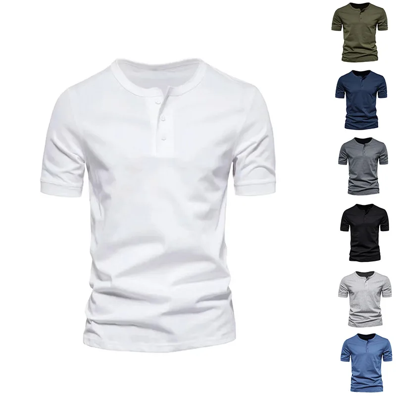

2023 men's crewneck short sleeve t-shirt men's casual slim sports henry shirt solid color t-shirt men