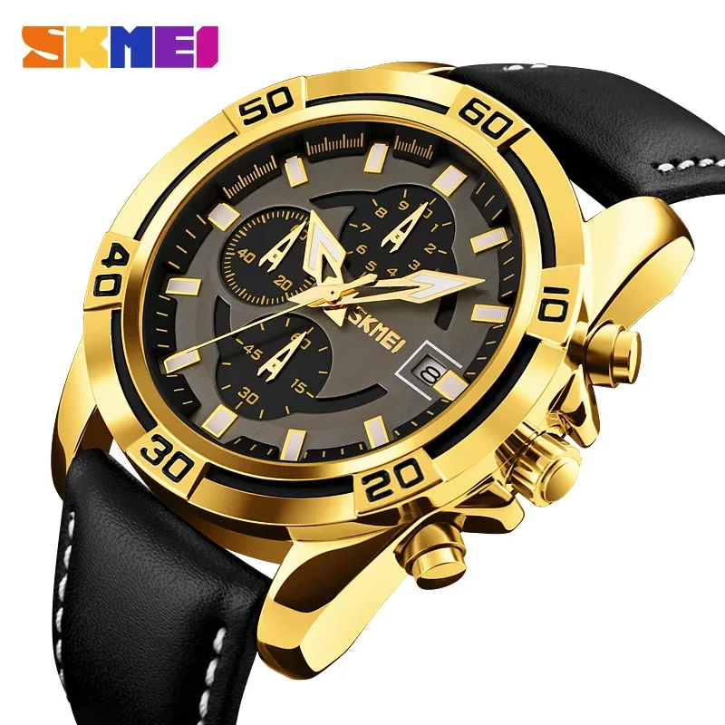 SKMEI 9156 Luxury Leather Waterproof Quartz Watch for Men Sports Stopwatch Mens Wristwatches Clock Relogio Masculino 9292