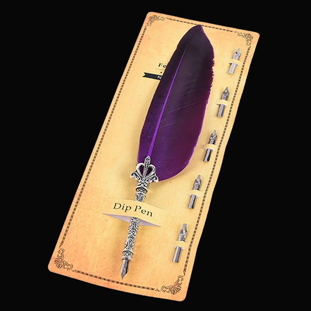 1 Set Feather Fountain Pen Calligraphy Pen Quill Oblique Fountain Luxury Pen Ink +5pcs Nib Metal for Fancy Font Office Supplies Purple