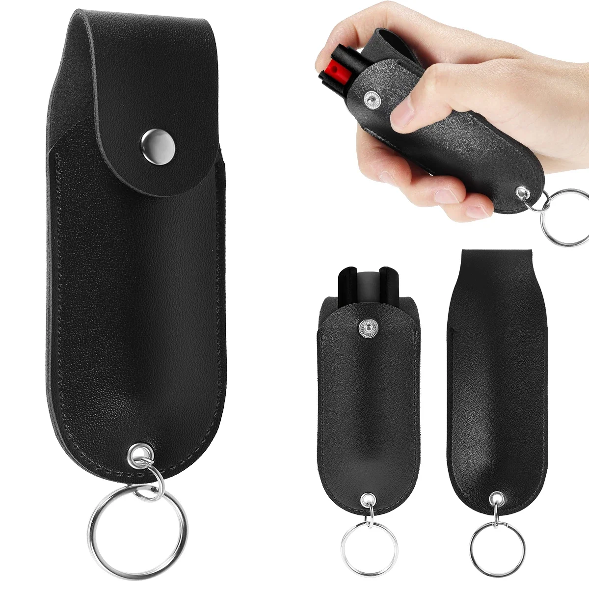 Pfefferspray-Tasche aus PU-Leder Schwarz mit Schlüsselanhänger