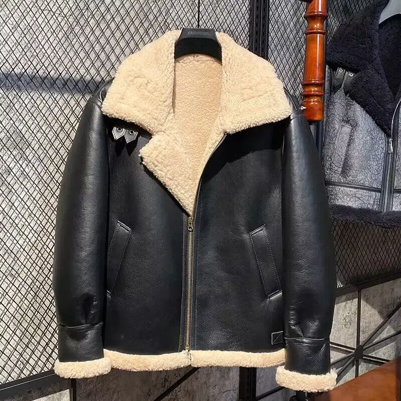Man Genuine Sheepskin Leather Shearling Coat B3 Pilot Jacket