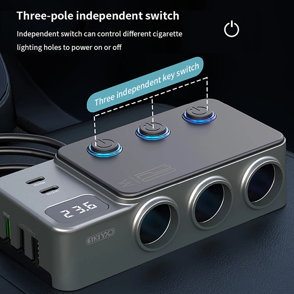 Caricabatteria per auto multifunzionale ad alta potenza da 120 W Accendisigari per auto con ricarica super veloce da uno a tre Display della tensione del caricabatterie rapido - Image 4