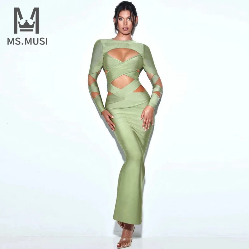 

MSMUSI 2023 New Fashion Women Sexy Hollow Out Long Sleeve Backless Bandage Party Club Bodycon Slit Event Maxi Dress Long Gown
