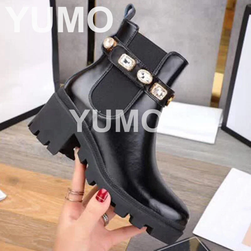 

Women Genuine Leather Chunky High Heel Ankle Boots Designer Shoes Round Toe Slip On Short Boots Crystal Beaded Large Size 43