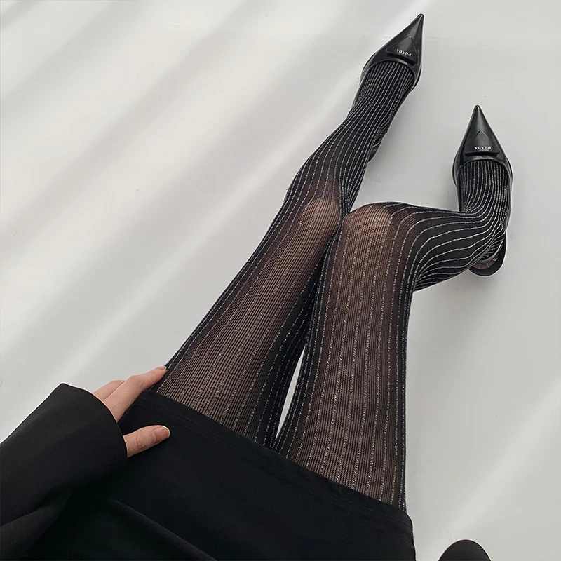

Black Tights Women Luxury Silver Silk Thigh High Stockings Pantyhose Lingerie Sexy Slim Body Stockings Women Tights Pantyhose