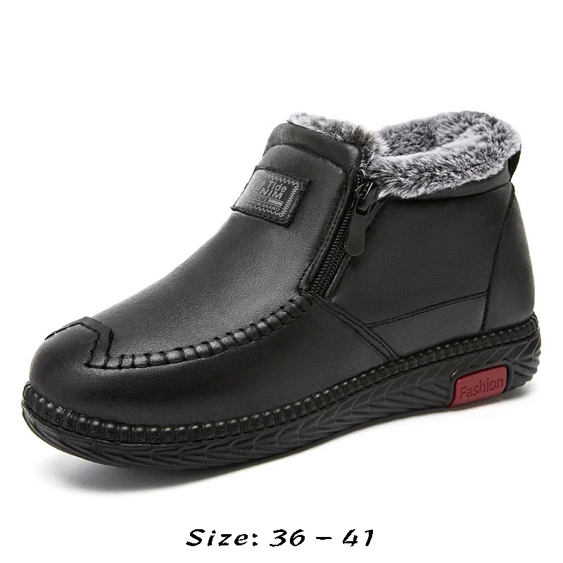 High quality short ankle snow leather boots for women round toe thickening new 2023 winter casual plush warm shoe - black red