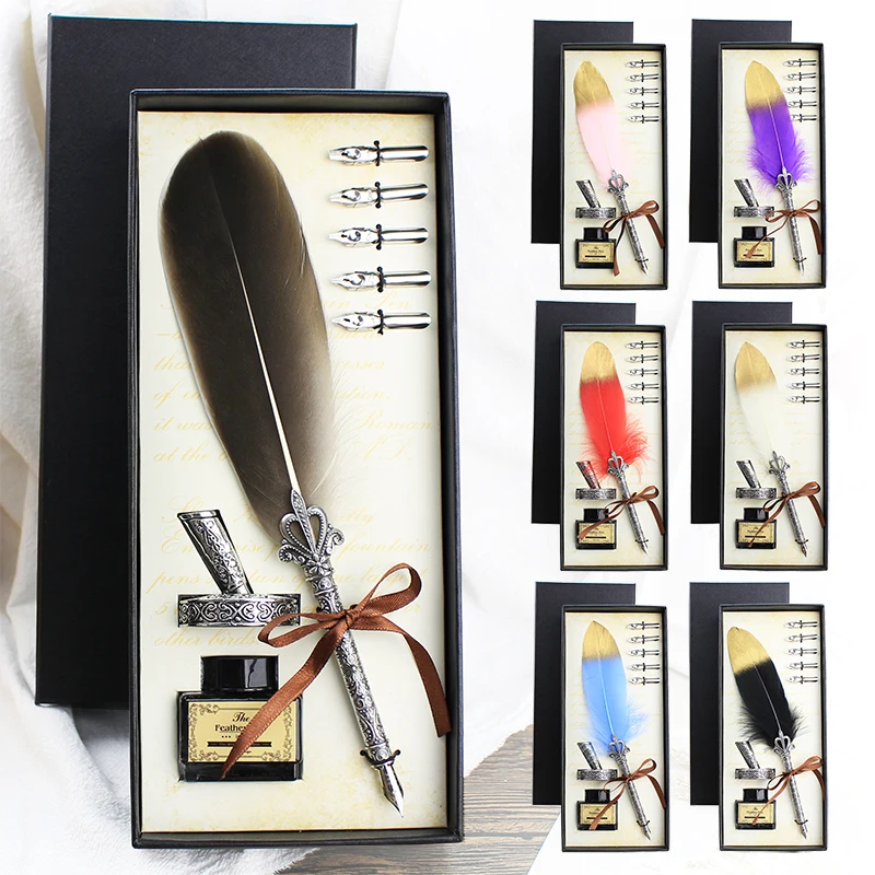 Set Penna Calligrafica Con Piuma Naturale - 5 Pennini Di Ricambio E Base, Per Principianti E Artisti, Scrittura Elegante - 2