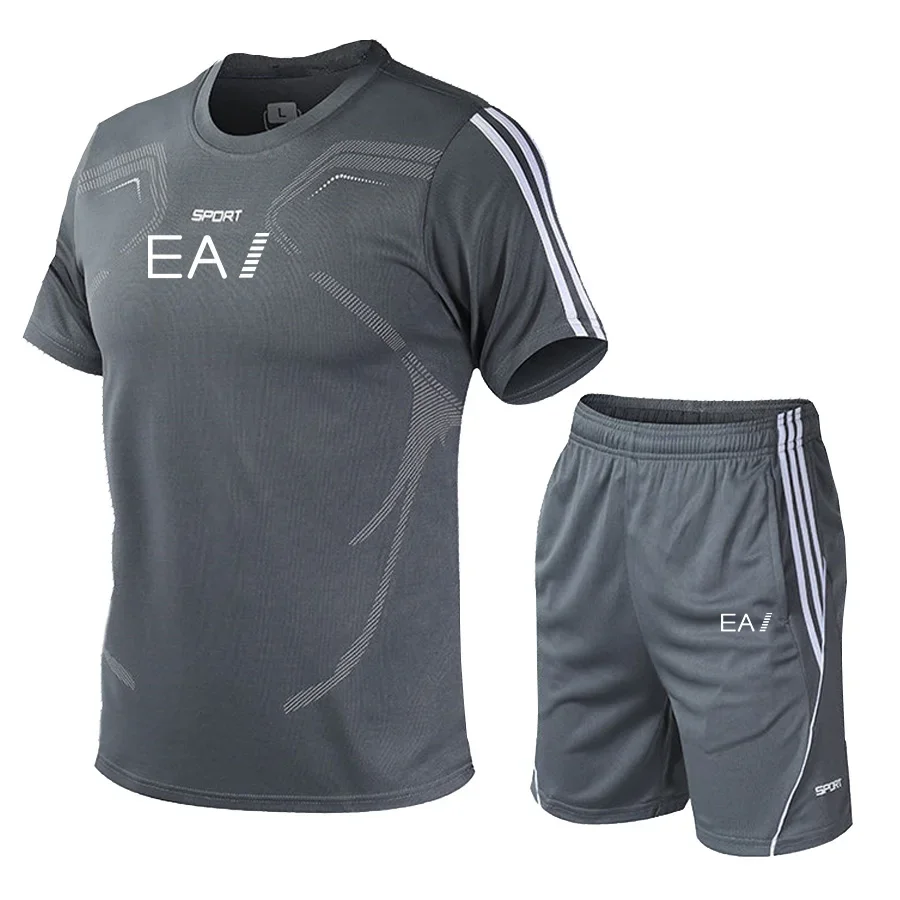 2025 Men's fashion fast drying short-sleeved T-shirt + shorts two-piece summer breathable leisure fitness jogging suit 5
