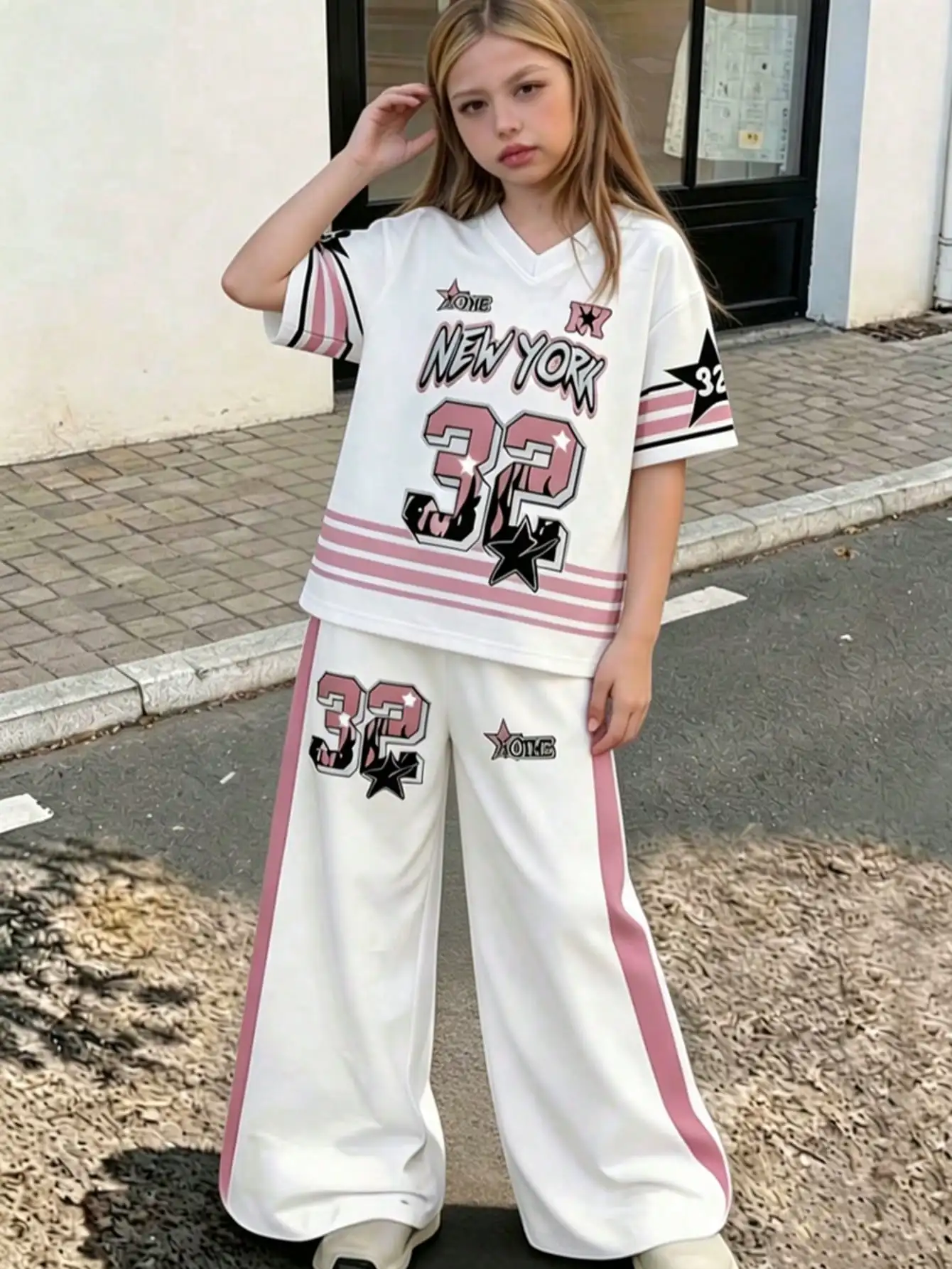 Kids Clothing Set V-Neck Short Sleeve T-Shirt Top with Letter English Print Elastic Waist Wide Leg Pants Outfit for Children