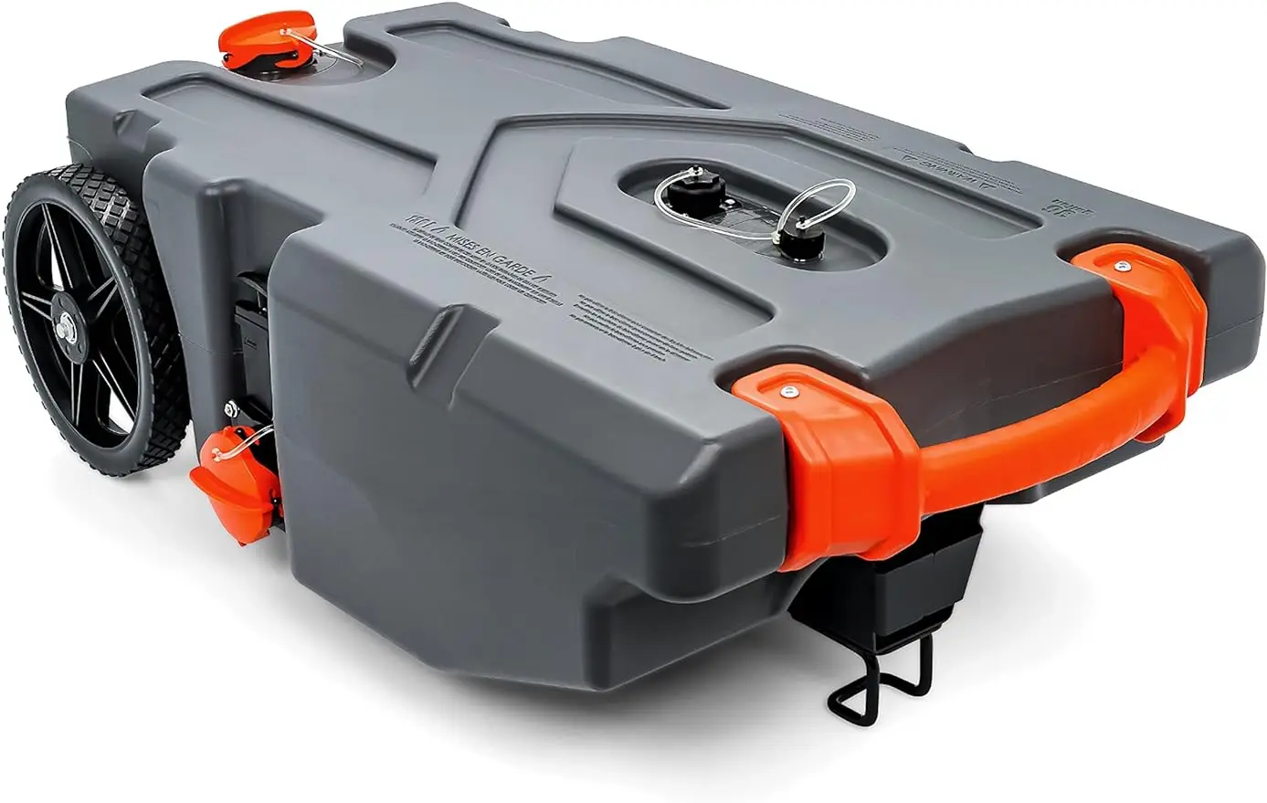 

Портативный резервуар для отходов Camco Rhino 36 галлонов для жилых прицепов/домов на колесах, имеет большие сверхмощные неплоские колеса и встроенный задвижной клапан