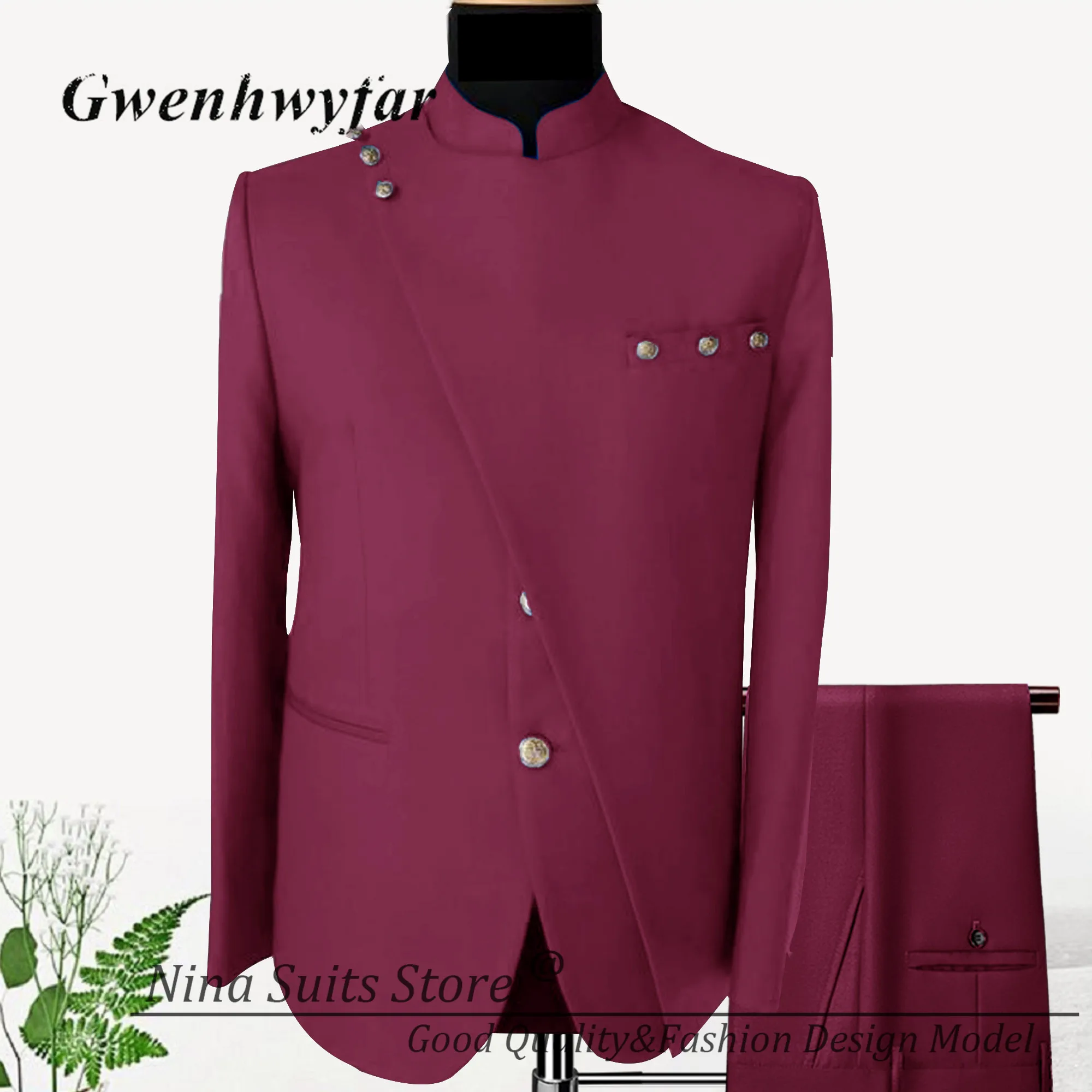 Gwenhwyfar African Design Men Suits Stand Collar Gold Button Patchwork Style Jacket Pant Royal Blue Men Costume