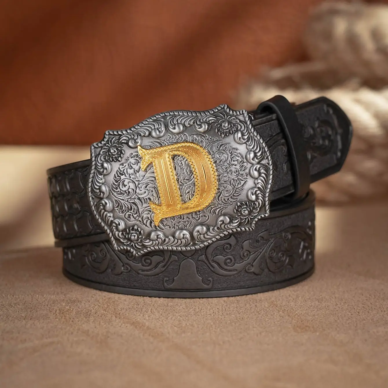Men’s Western Denim PU Carved Belt – 120cm