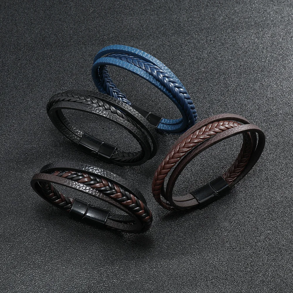 Men Leather Braided Magnetic Punk Bracelet
