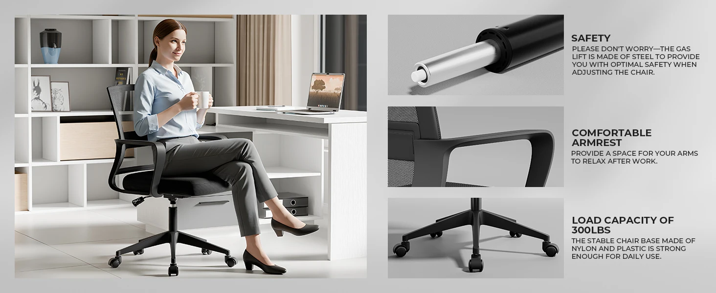 The high-density elastic mesh backrest provides exceptional support while allowing air to circulate
