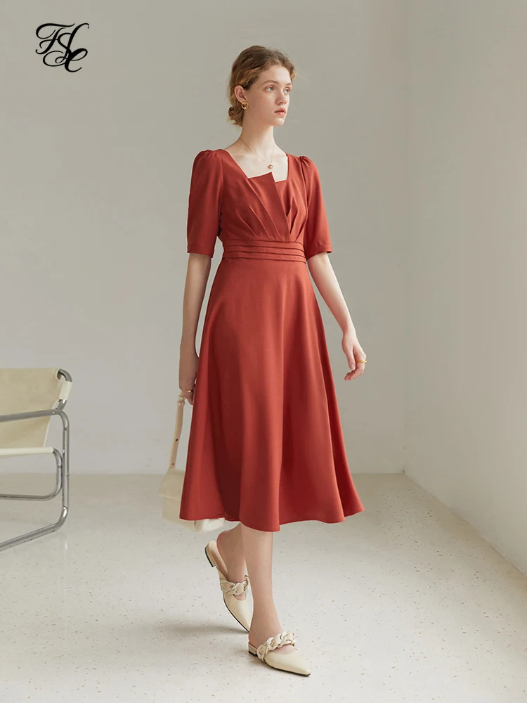 

FSLE Black Red White Square Collar Office Lady Women Dress Solid Summer 2022 New A-Line Women Straight Pullover Dress