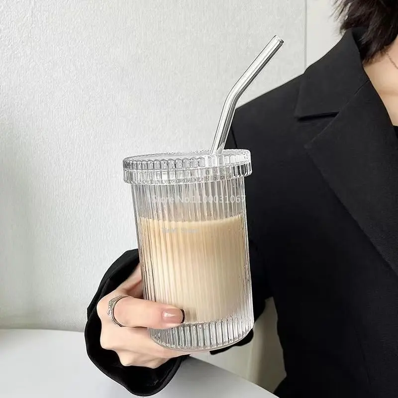 450ml Simple Stripe Coffee Glass Cup With Lid and Straw Transparent Bubble  Tea Cup Juice Glass Milk Mocha Cups Breakfast Mug - AliExpress