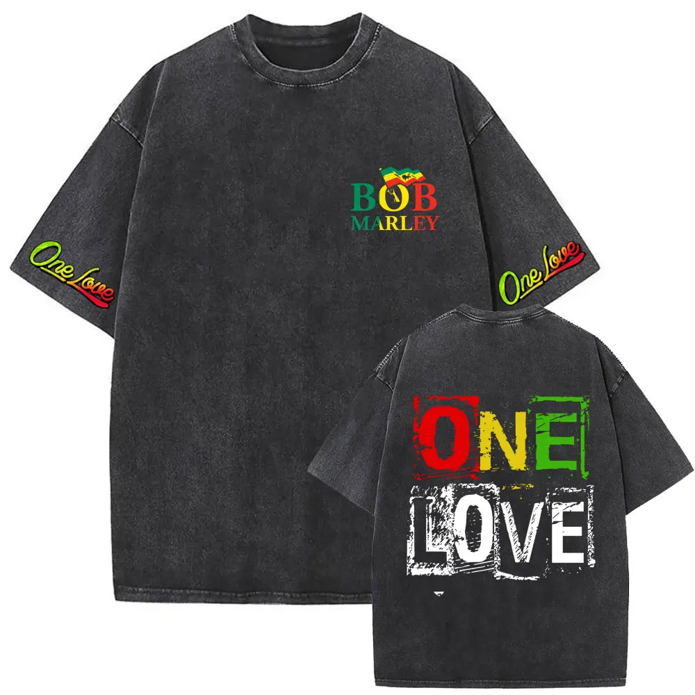 Gewaschene Vintage Reggae Bob Marley One Love Grafikdruck T-Shirts Männer Frauen Kleidung Casual Baumwolle Retro T-Shirts 90er Jahre Streetwear