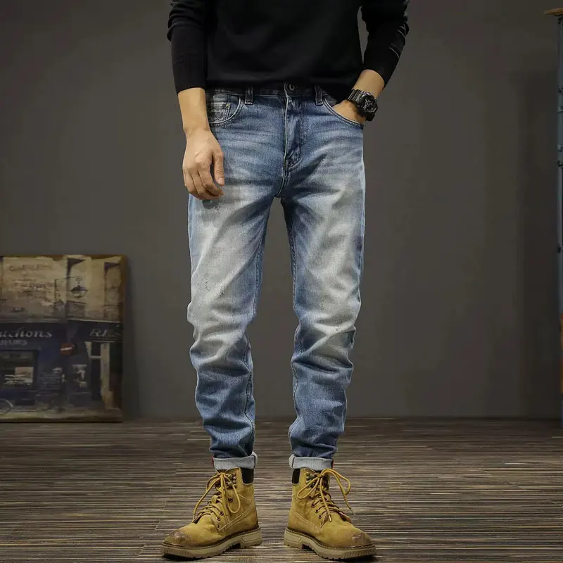 Fashion Designer Men Jeans High Quality Retro Blue Elastic Slim Fit Ripped Jeans Men Vintage Trousers Casual Denim Pants Hombre thoshine brand spring autumn men denim jeans straight fit superior quality fashion denim pants elastic cowboy trousers