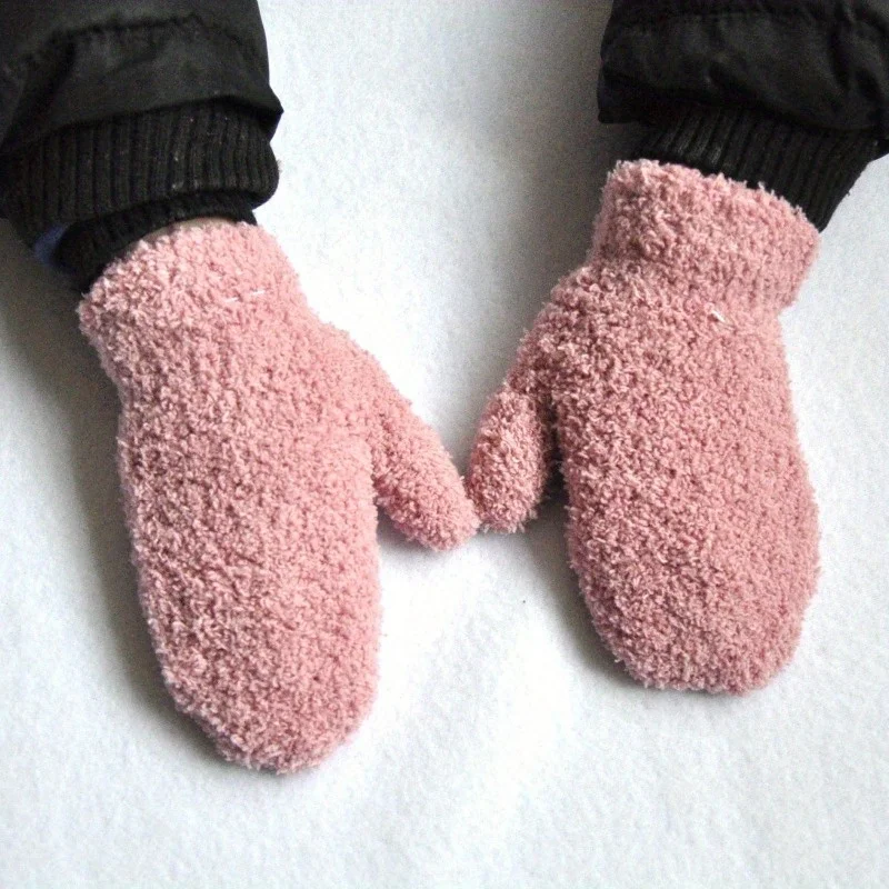 1 Pair Winter Warm Knit Wrap Gloves 1-4 Ages People Half-side Fleece and Fleece Thick Gloves