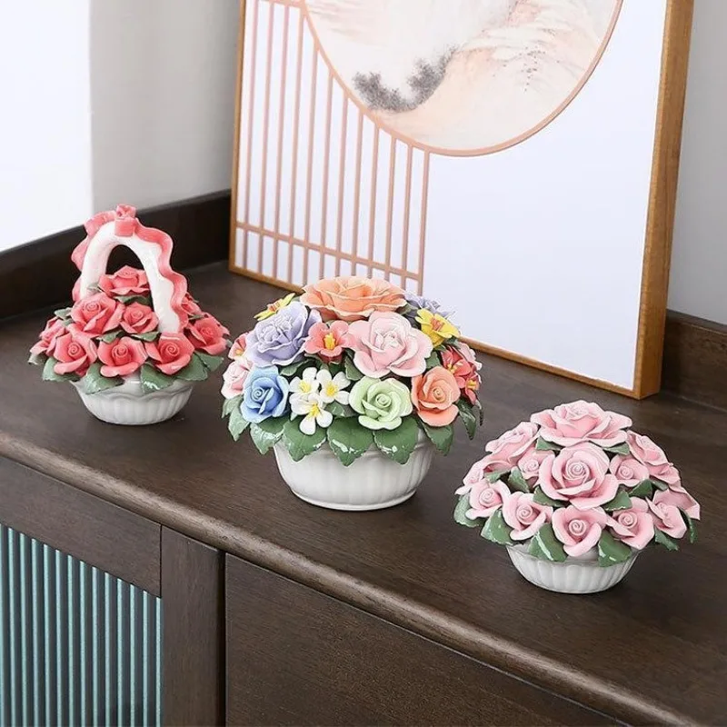Keramik Blumen Ornament Kawaii Simulation Blumenkorb Ornamente handgemachte Mini Blumenkorb Home Decor Büro Schreibtisch Dekoration – Detail 3
