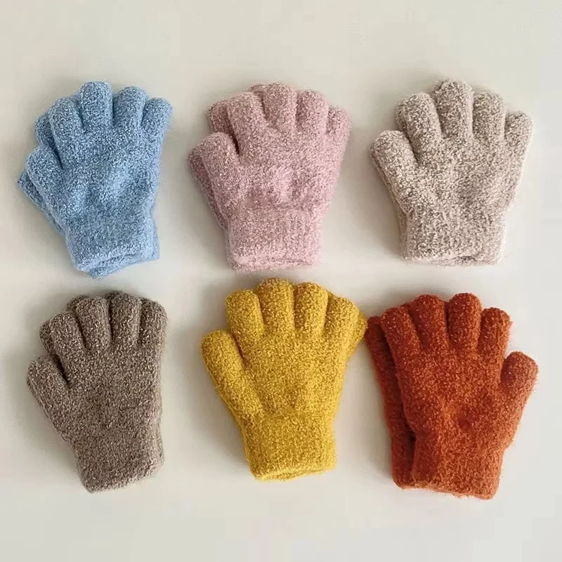 3-7Years Baby Girls Boys Winter Knitted Gloves Solid Candy Warm Mittens Toddler Knitted Thicken Acrylic Soft Full Finger Gloves winter gloves baby mittens
