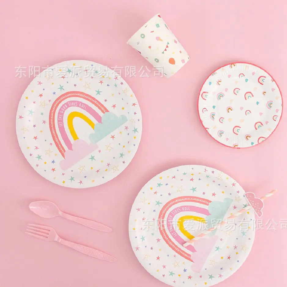 

8pcs Unicorn Rainbow Theme Disposable Tableware Paper Plates Cups Napkins Happy Princess Birthday Party Supplies Tableware Set