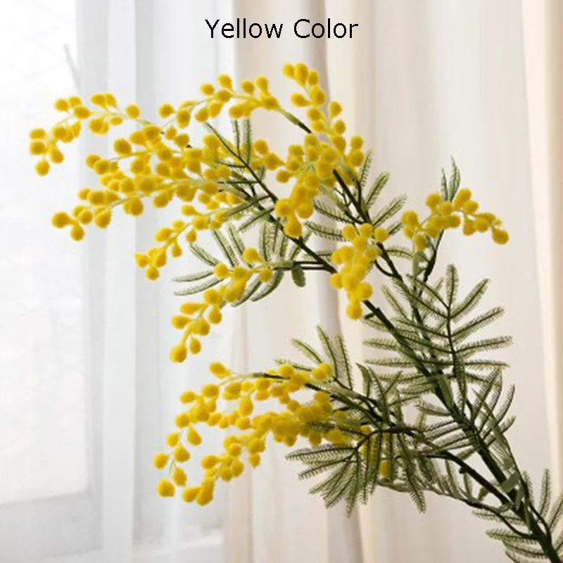 86Cm 3 Forchette Artificiale Acacia Giallo Mimosa Peluche Pudica Spray Ciliegia Finto Fiore Di Seta Decorazione Festa Nuziale Pianta Di Fagioli Rossi