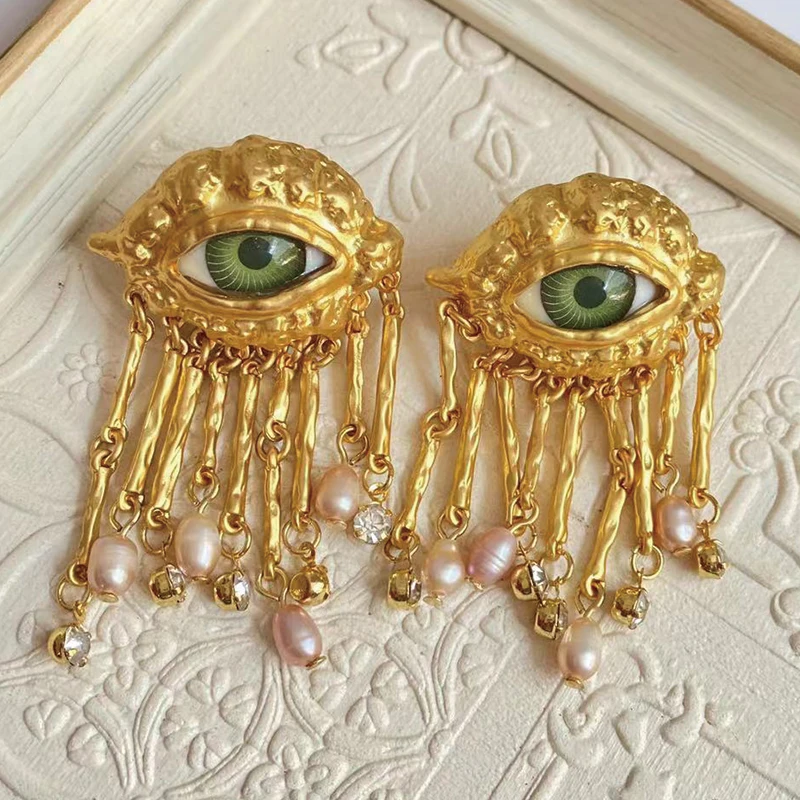 Personality Eye Open Ring Devil's Eye Metal Pearl Tassel for Women Men Jewelry Classic Punk Stud Earrings Accessory