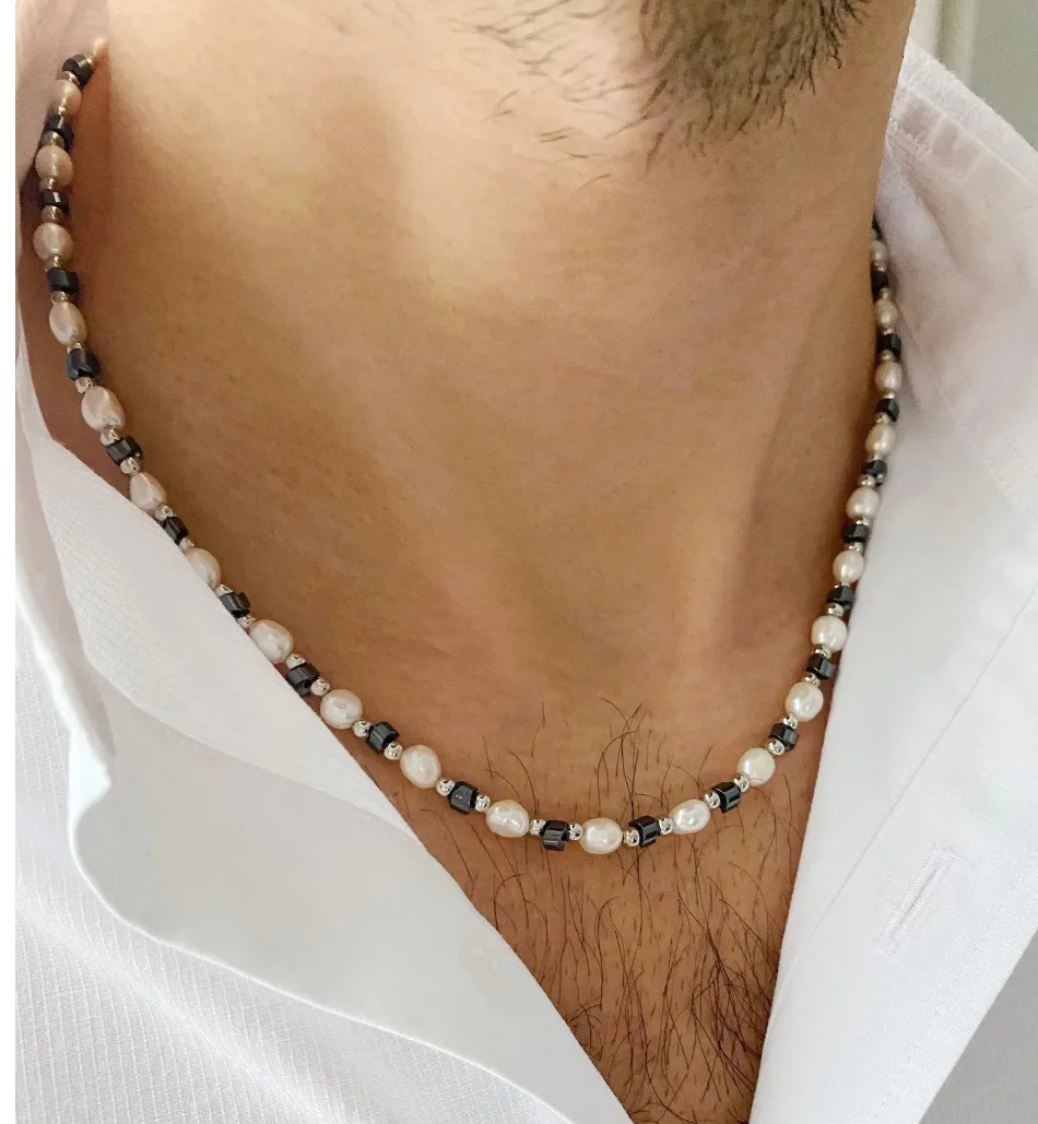 Mens Pearl Necklace with Hematite  Men Gemstones Necklace  Stone Necklace Onyx Mens Necklace