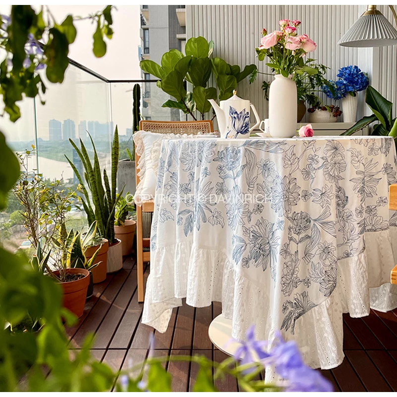 DAVINRICH French Rustic Round Tablecloth With Lace Ruffles Spiraea Chrysanthemum Floral Embroidery Garden Table Cloth Chic Decor - Image 5