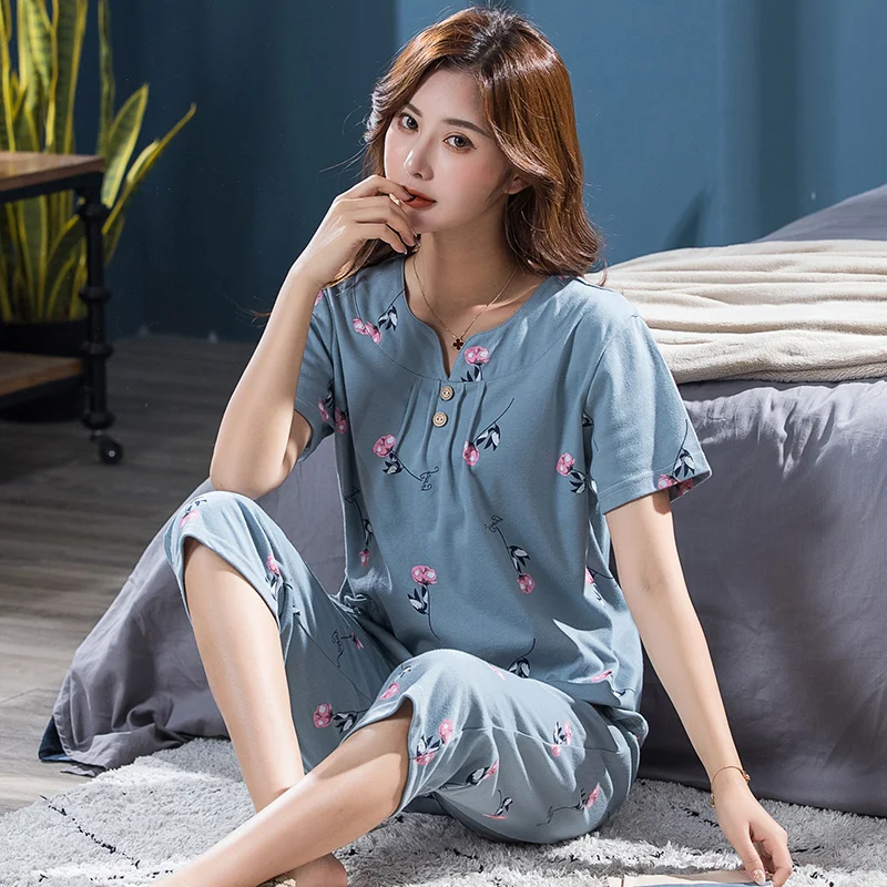 Big Yards XXXXL summer sleepwear women pajamas sets v-neck floral short sleeve pajama suit cotton women homewear suit soft women pajamas set women pajama suit cotton pajamas set