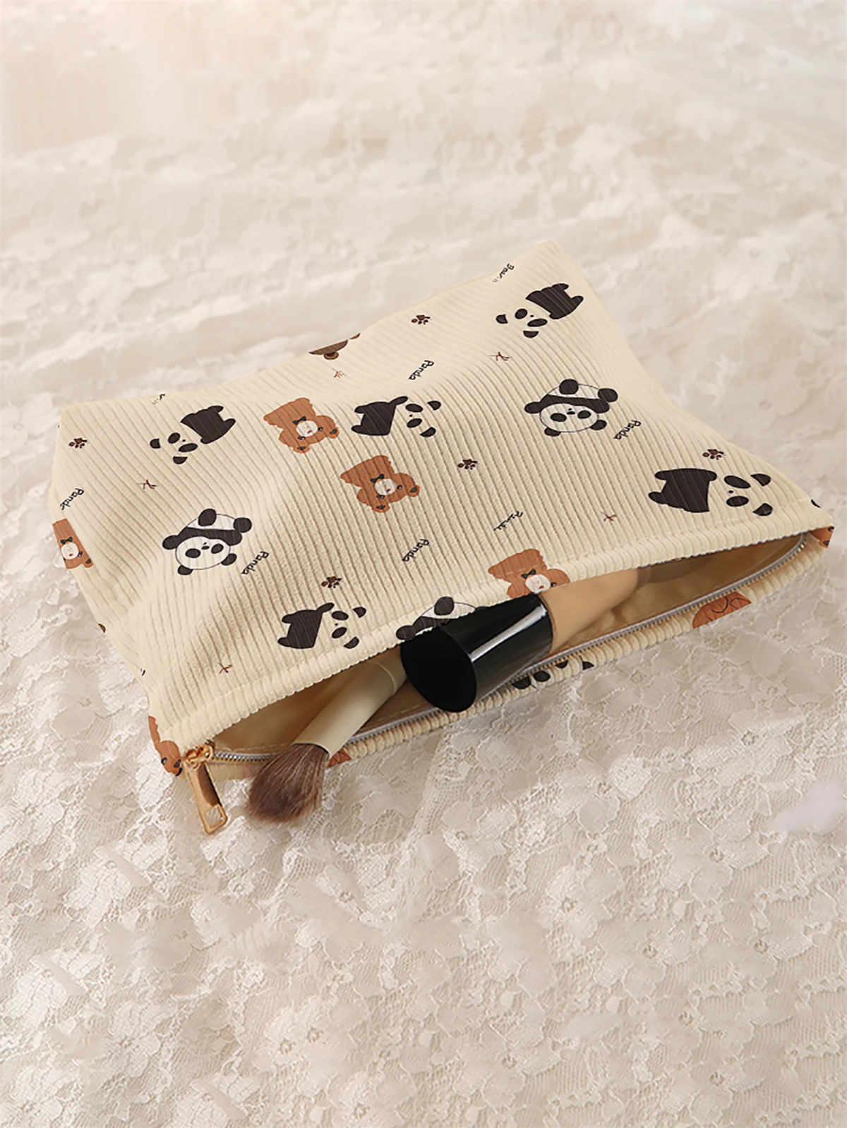 1 panda patterned corduroy makeup bag, lightweight zipper makeup storage box, multifunctional bag with lining