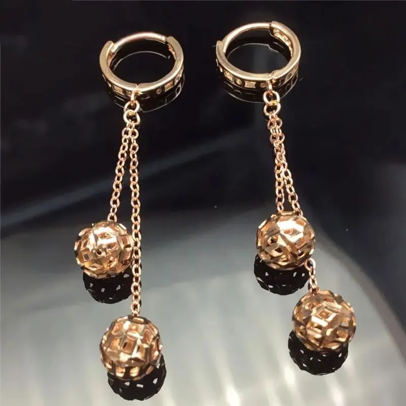 

Classic 585 Purple Gold Plated 14K Rose Gold Double Round Bead Drop Earrings for Women Collection Glamour Engagement Jewelry