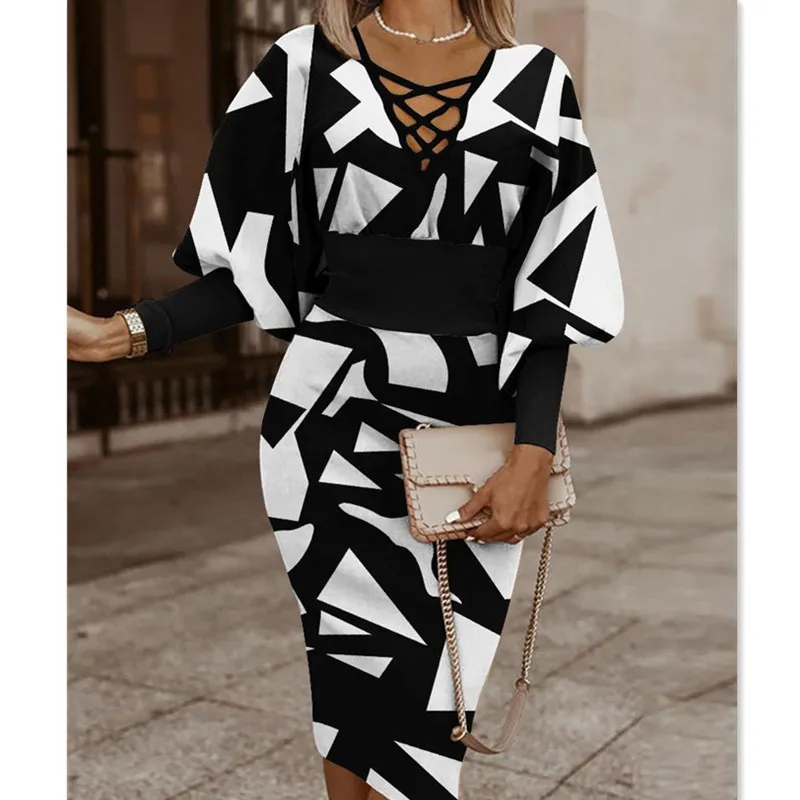 

Women Fashion Printed V-neck Long Sleeved Slim Fit Dress Sexy High Waisted Mid Length Dress 2023spring /autumn Vestidos De Mujer