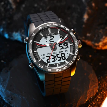 YATSSO Men's Hybrid Watch - Blue LED Light Dual Movement (Quartz+Digital) Silicone Band Alloy Case 3ATM Splash Proof