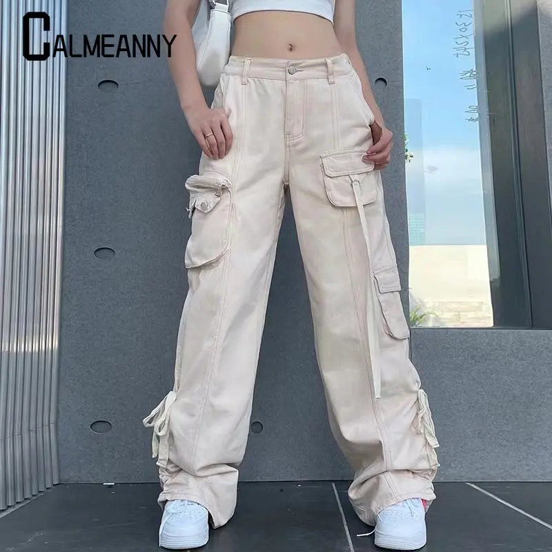 

Fashion 90s Streetwear Pockets Wide Leg High Waist Straight Y2k Denim Trousers Vintage Cargo Pants Baggy Jeans Women Streetwear