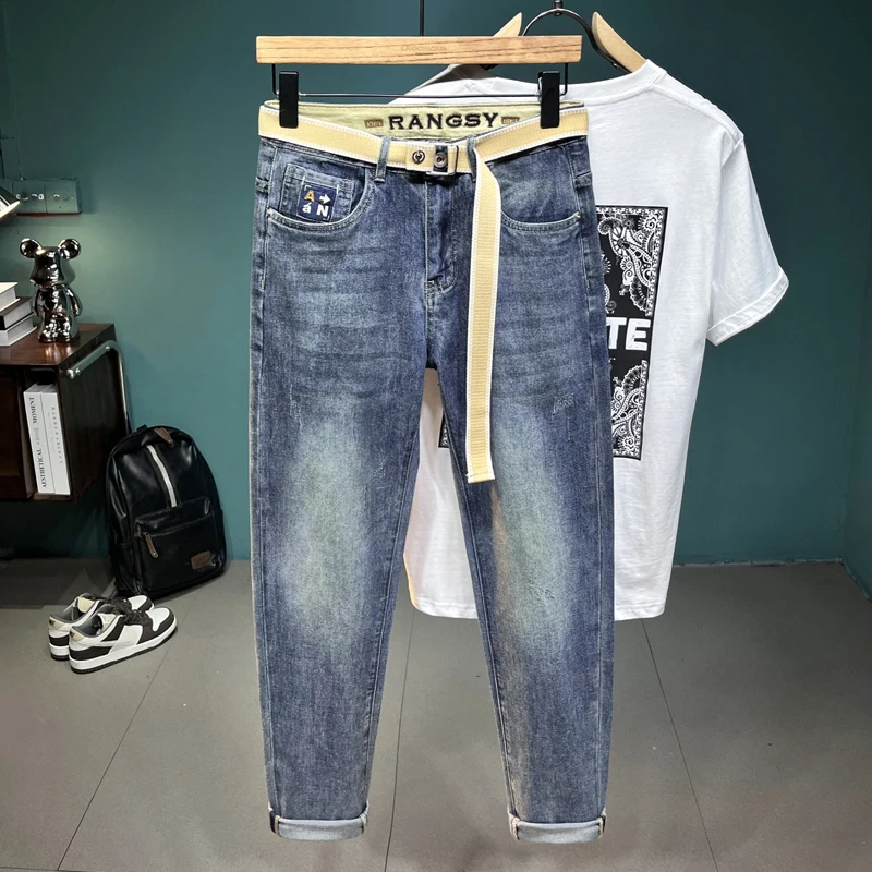 2024 Spring and Summer New Embroidery Jeans Men's Fashion Waist Letters Embroidery Belt Tapered Slim-Fit Pants