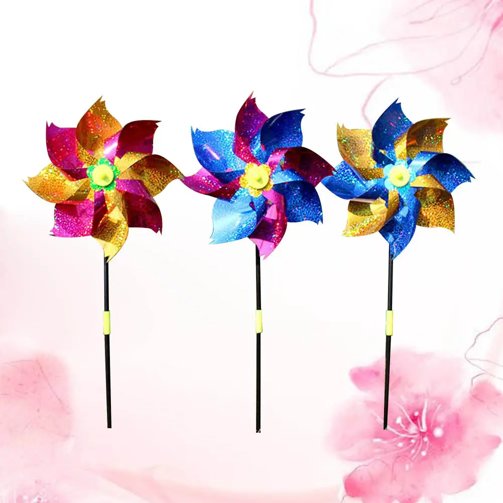 8Pcs 팔각형 풍차 다채로운 반짝이 플라스틱 바람개비 잔디 정원 파티 장식 회..