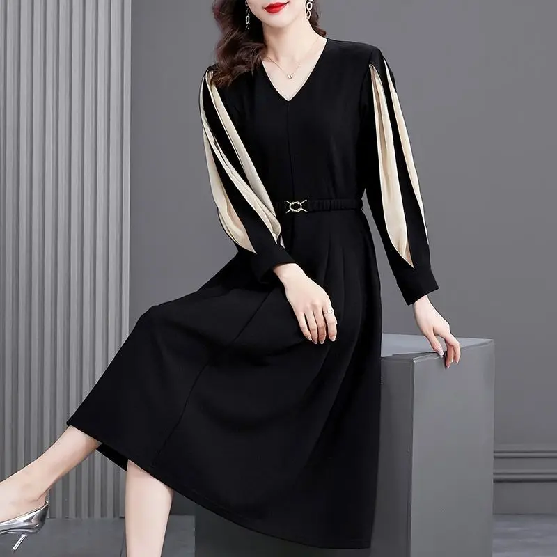 Office Lady Solid Color Patchwork Midi Dress Elegant V-Neck All-match Spring Autumn Sashes A-Line Waist Women's Pleated Dresses 2