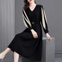 Office Lady Solid Color Patchwork Midi Dress Elegant V-Neck All-match Spring Autumn Sashes A-Line Waist Women's Pleated Dresses 2