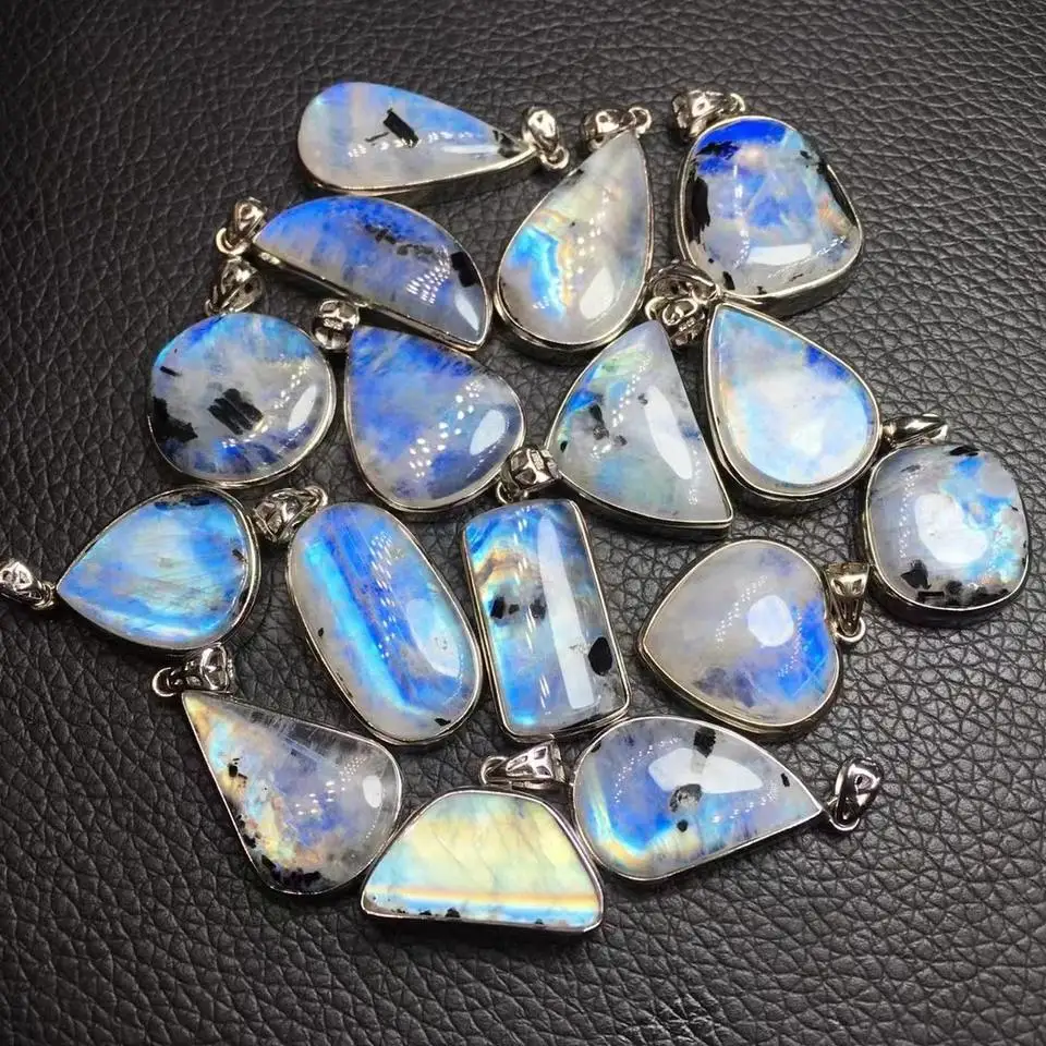 Unit One Piece Natural blue moonstone sliver 925 pendant rainbow moonstone with black spot pendant for gift 3