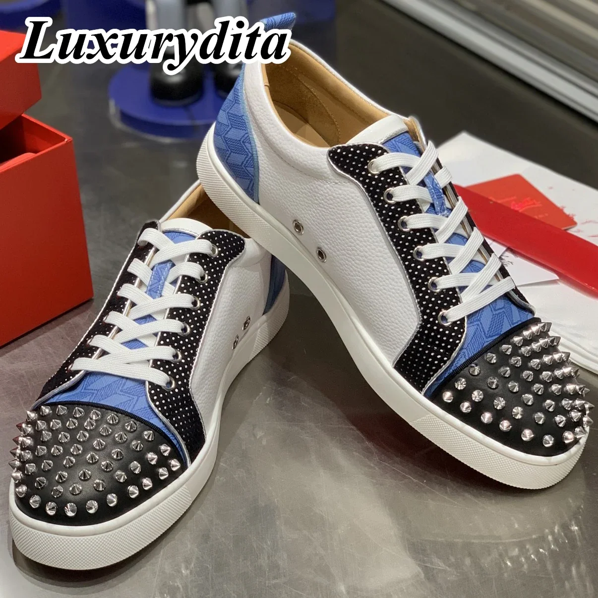 LUXURYDITA Designer Men Casual Sneakers Real Leather Rivet Luxury Womens Tennis Shoes 35-47 Fashion Unisex loafers HJ1562