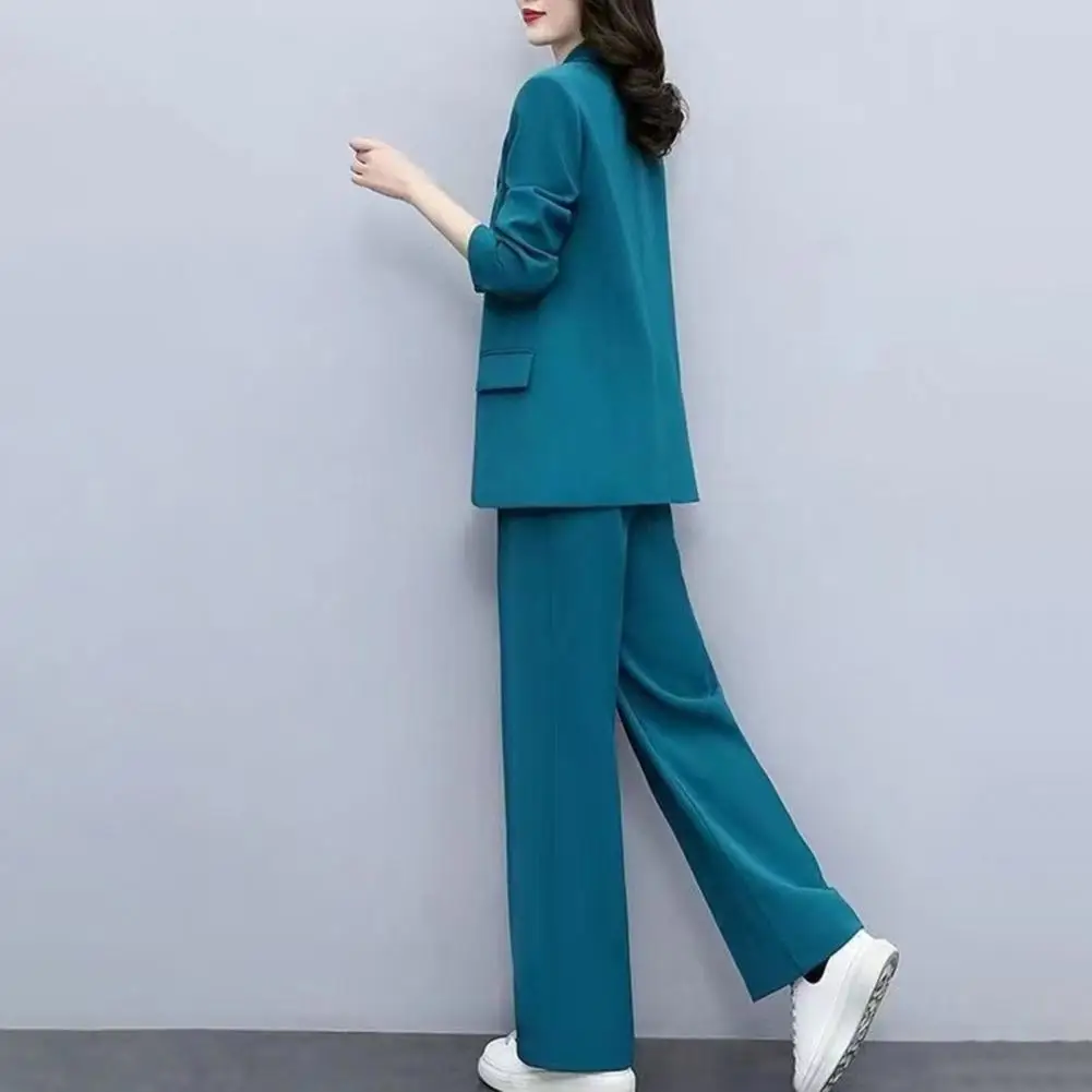 Long-sleeved Coat Wide-leg Pants Formal Business Style Women's Coat Pants Suit Set with Lapel Button Closure Long for Work