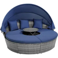 Round Outdoor Daybed, Wicker Rattan Sectional Sofa Set w/Retractable Canopy, Washable Cushions & Height Adjustable Co 1