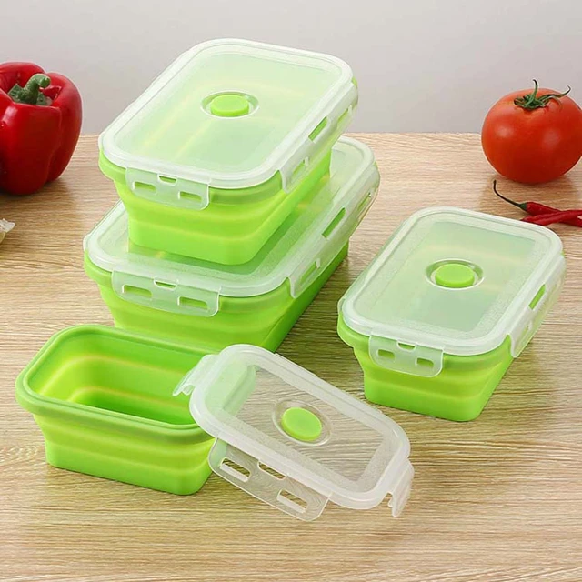 4Pcs Green Silicone Rectangle Lunch Box Collapsible Bento Box Folding Food  Container Bowl 300/500/800/1200ml for Dinnerware - AliExpress