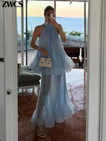 Costume élégant à ourlet à volants pour femmes, jupe plissée bleu clair, sans manches, gilet à lacets, jupe longue ample, tenue de printemps 2026 3